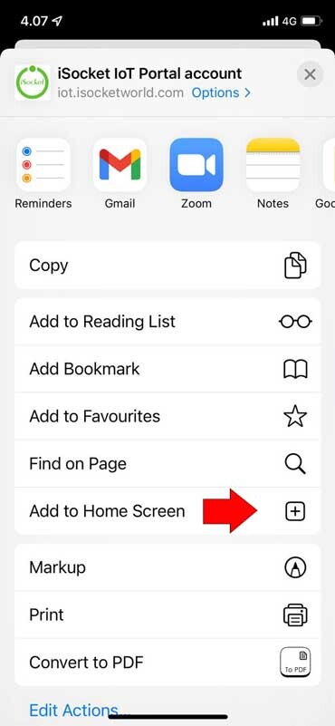 iSocket iPhone app installation process: Add to Home Screen.