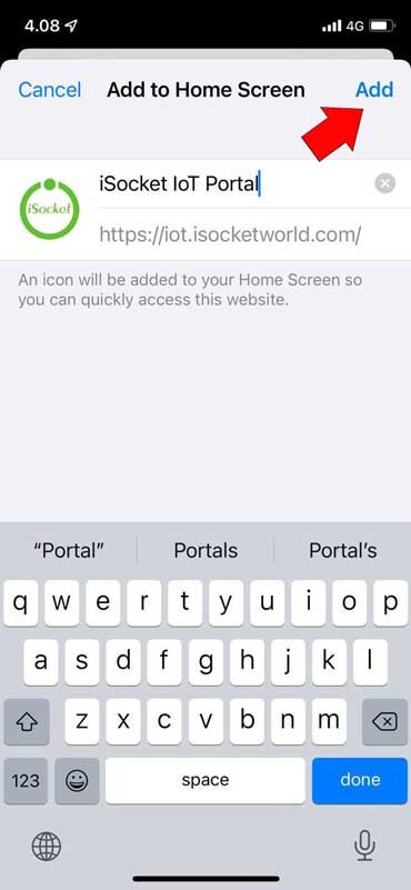 iSocket iPhone app installation process: Add to Home Screen. Add.